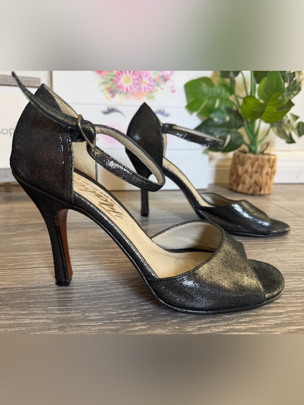 Flabella Handmade Argentine Tango Heels Black Metallic Peep Toe Ankle Strap 8